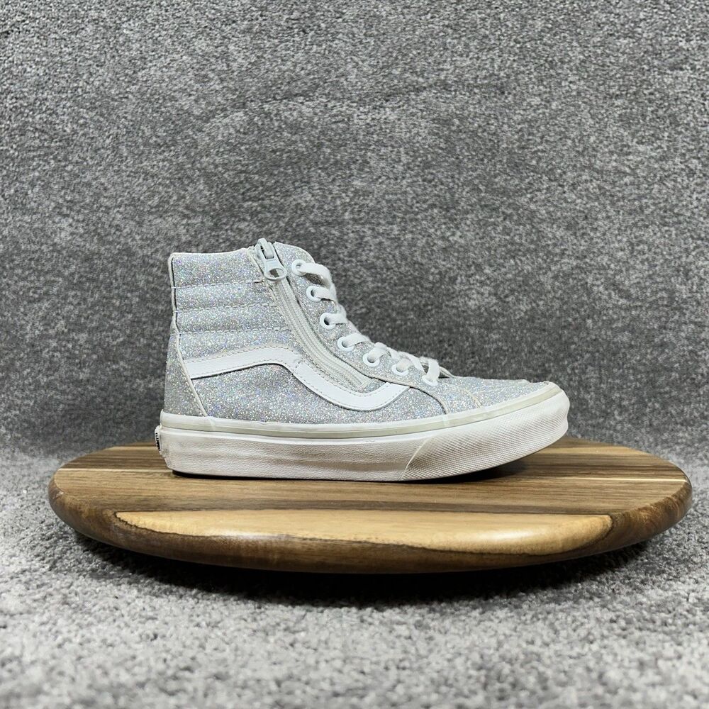 Vans Sk8-Hi Reissue Side Zip Kids Sz 1 Silver Glitter Athletic Skate Shoes Used